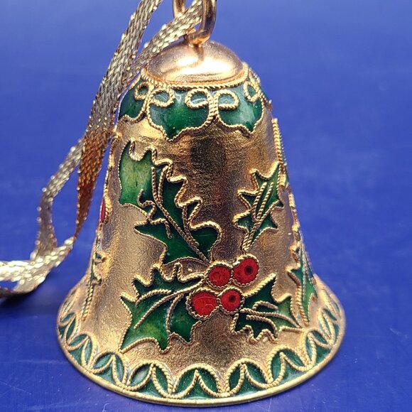 3 Vintage Festive Holiday Bells Kashmir Painted Paper Mache Cloisonne Holly - Picture 6 of 12